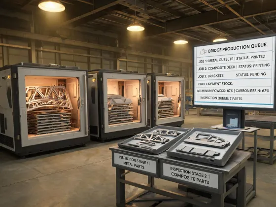 Additive manufacturing bridge production queue