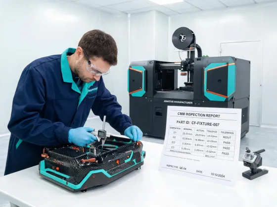 Engineer validating printed fixture with inspection data